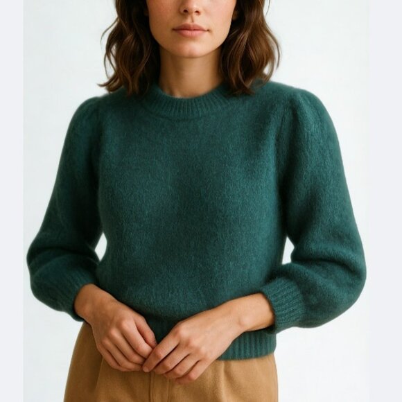 J.Crew Alpaca Wool Blend Puff Sleeve Sweater in Forest Green Size Small Soft Lux - Picture 1 of 5